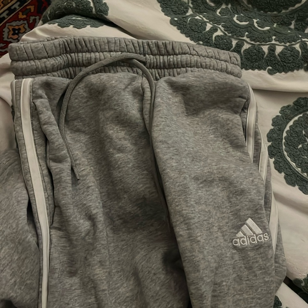 adidas grey sweats with white stripes